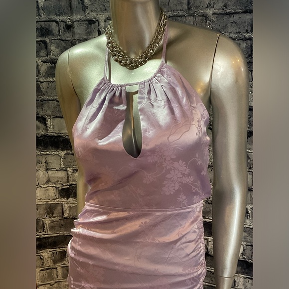 Y2K Vintage 90s Vibes Pastel Purple Satin Floral Brocade Mini Dress - Picture 3 of 9